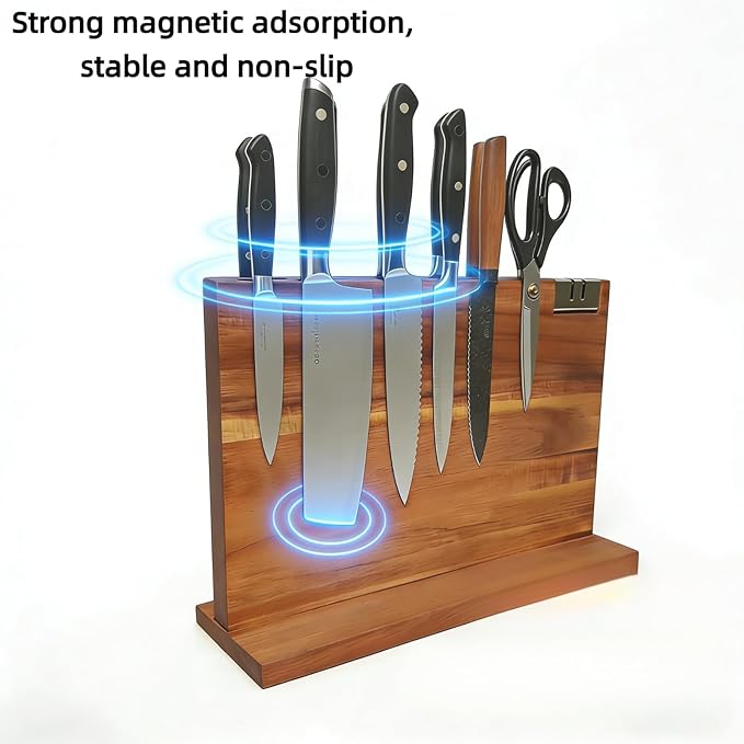 kitchen knife magnetic holder, Double Sided Universal magnetic knife block Rack for Kitchen Counter, Acacia Wood Magnetic Knife Storage Stand with Knife Sharpener,14.5 x 10.8Inches