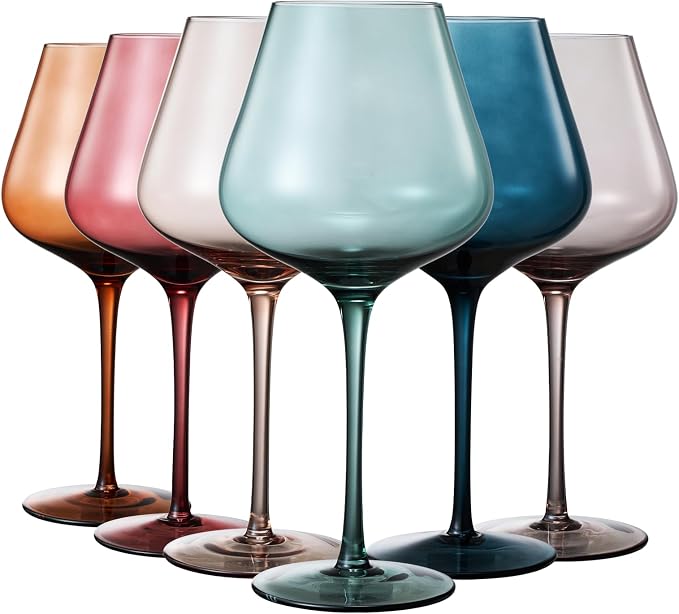 Colored Crystal Wine Glasses Set of 6, Gift Wife, Her, Mom, Friend - Large 18.5oz Glass, Italian Style Tall Stemmed Drinkware, Long Stem Wines, Dinner, Color Beautiful Glassware, Luxury, Hand-Blown
