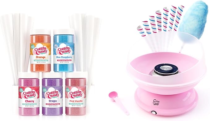 Cotton Candy Express CC1000-S Cotton Candy Machine, with 5-11oz. Jars of Cherry, Grape, Blue Raspberry, Orange, Pink Vanilla Floss Sugar & 50 Paper Cones Easy to Use and Clean
