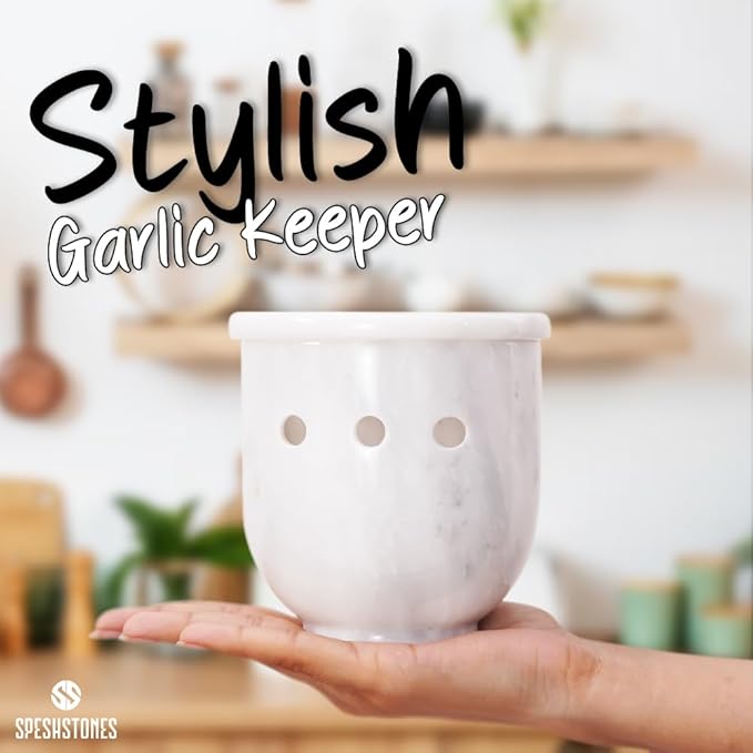 Marble Garlic Keeper for Counter 4.5 Inch White Handmade Garlic Holder for Fresh Garlic Cloves, Storage Container for Gifts, Garlic Saver for Kitchen Countertop Decor