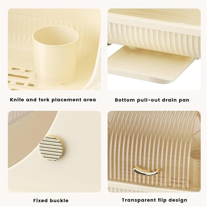Dish Rack, Dish Drying Rack with Cover Lid and Removable Drainboard, Drying Rack Over Sink Drainer Draining Rack with Drip Tray, Large