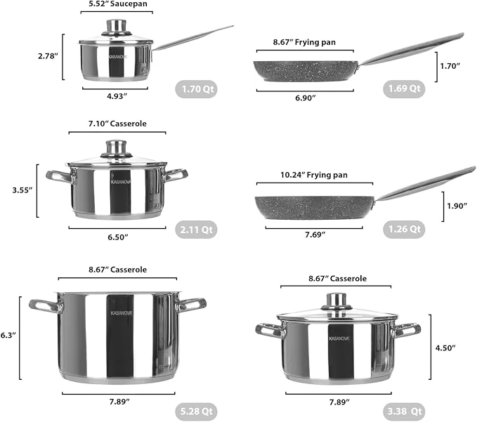 KASANOVA Grand Family 9Pcs Cookware set, Stainless steel pots, Nonstick aluminum frying pans, PFOA-free, Induction safe, Oven-safe up to 356°F