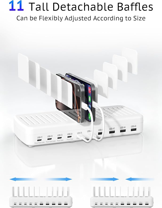 320W Charging Station for Multiple Devices, 10-Port USB Fast Charging Dock Adjustable Dividers & 8 Cables, 65W Laptop Port, Fireproof & Anti-Slip for Office Home Gamers