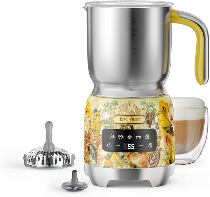 Hazel Quinn Milk Frother - Hot and Cold Detachable Milk Frother with Adjustable Temperature & Foam Thickness, Dishwasher Safe, for Latte/Cappuccino/Hot Chocolate, 400ML (13.5oz) - Floral Printed