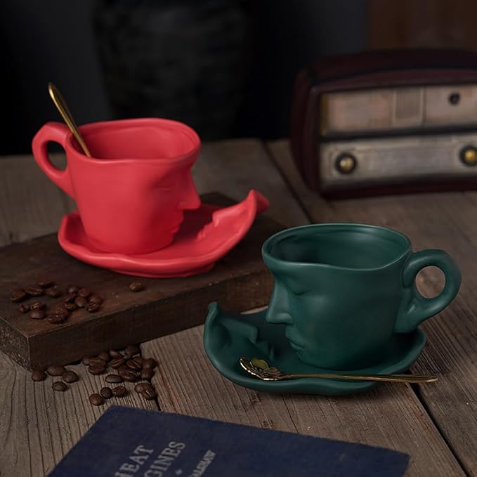 Human Face Ceramic Coffee Mug, 8.8oz/260ml Kissing Coffee Cup with Saucer Coffee Spoon, Tea Cup Milk Latte Espresso Cappuccino Juice Beverage Iced Tea Water Cups Drinkware (Red)