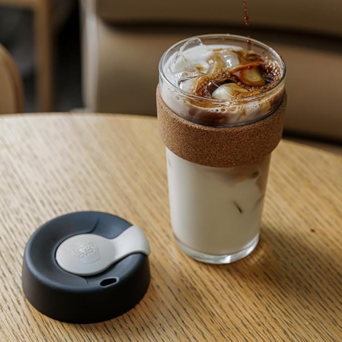 KeepCup Brew Cork, Reusable Glass Tumbler with Natural Cork, Grande Coffee Cup 16oz/454ml - Press
