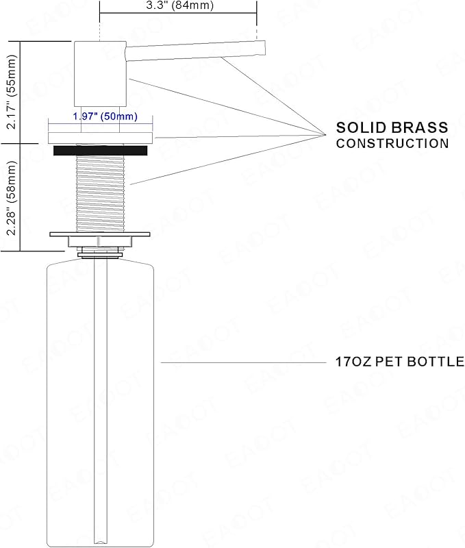 EADOT All Brass Soap Dispenser for Kitchen Sink Countertop Sink Soap Dispenser 17 OZ Bottle Built in Refill from The Top with Long Spout (Brushed Nickel)