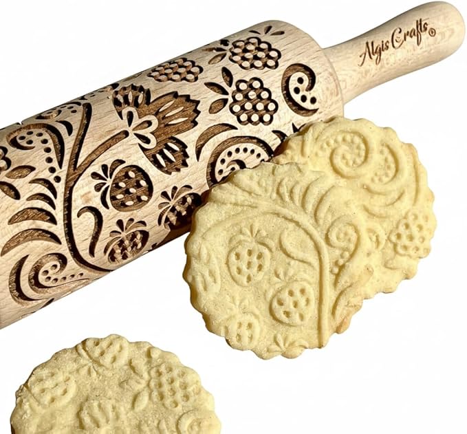 STRAWBERRY embossing rolling pin. Engraved wooden embossed dough roller for embossed cookies or clay by Algis Crafts
