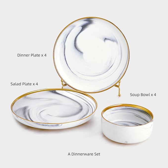 Pokini Marble Gold Rim Dinnerware Sets, Porcelain Plates and Bowls Sets, Modern Luxury Dish Set for 4, White Grey China Dinner Set for Special Occasions, Hand Wash Quickly