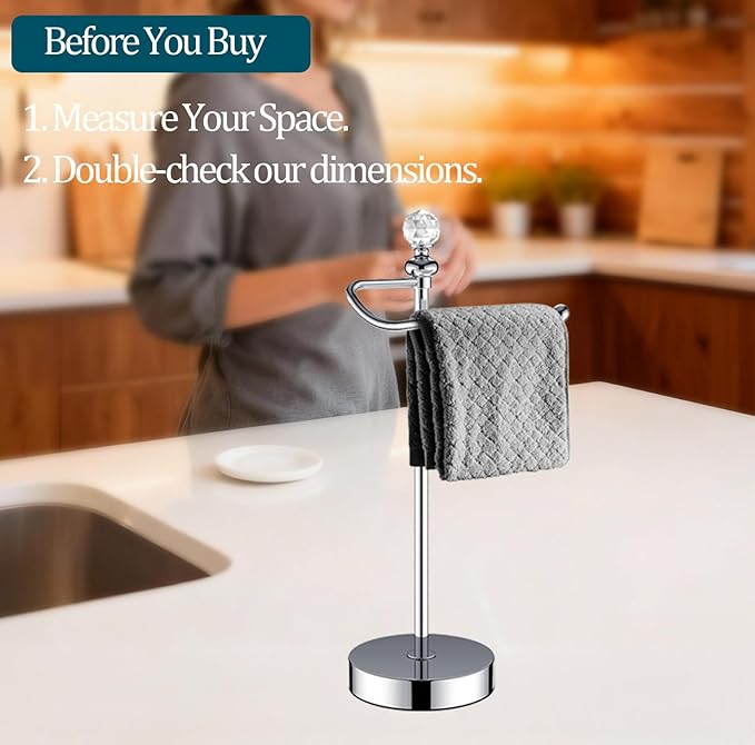 ROLABAM Heavy Weighted Hand Towel Holder (with Crystal Ball) Standing Hand Towel Holder Total Height 16.54'' for Kitchen, Bathroom, Vanity, Classic Decorative Metal Hand Towel Stand, Polished Chrome