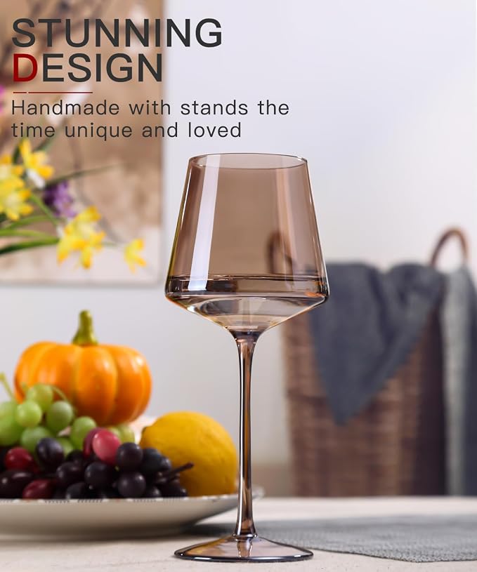 comfit Colored Wine Glasses Set of 6-16oz Smokey Sand Wine Glasses with Tall Long Stems and Flat Bottom,Crystal Amber Wine Glasses-Unique Gifts for Wine Lovers,Wedding,Engagement Gifts(Smokey Sand)