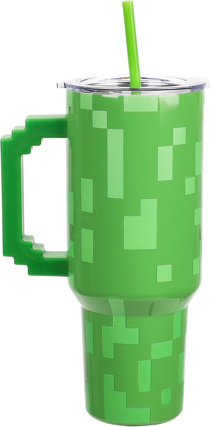Bioworld Minecraft Creeper Ultimate 40 Oz. Stainless Steel Tumbler With Pixelated Handle
