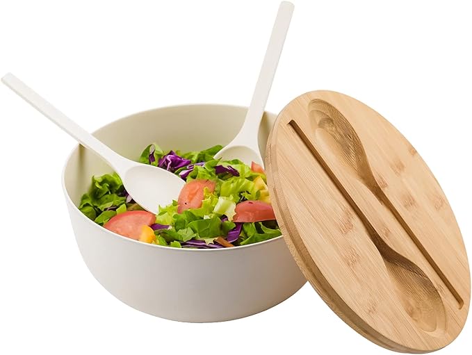 LOVYANXUE Bamboo Fiber Salad Bowl with Servers Set Large 9.8inches Nature Bamboo Mixing Bowl with Servers with Lid Spoon and Fork for Fruits,Salads and Vegetables