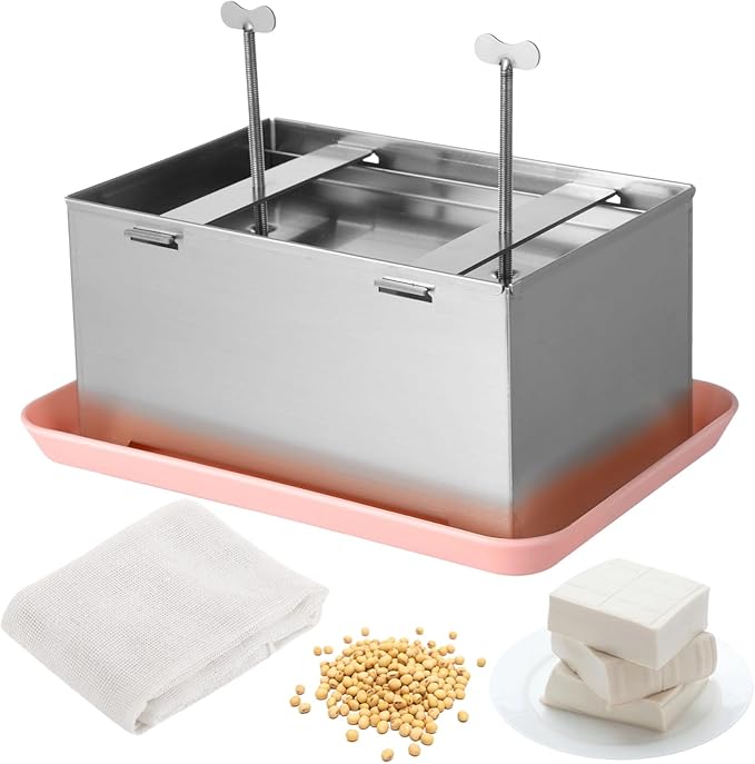 Large Tofu Press, 304 Stainless Steel Tofu Presser, Tofu Maker with Gauze & Drip Tray, Vegan Tofu Presser for Firm or Extra Firm Tofu, Tofu Making Tool Kit, 8.7×5.6×4.4"