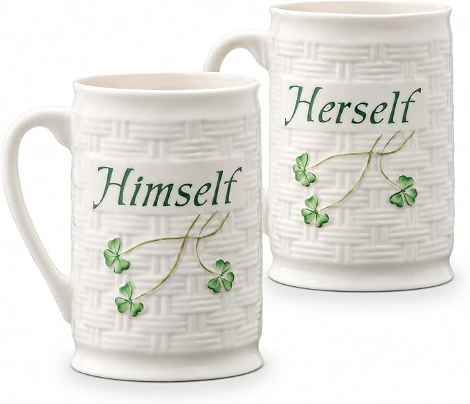 Belleek Classic Himself & Herself 12 oz Irish Coffee Mug Set, Handcrafted Parian China Cups, Shamrock Design, Set of 2, White