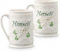 Belleek Classic Himself & Herself 12 oz Irish Coffee Mug Set, Handcrafted Parian China Cups, Shamrock Design, Set of 2, White