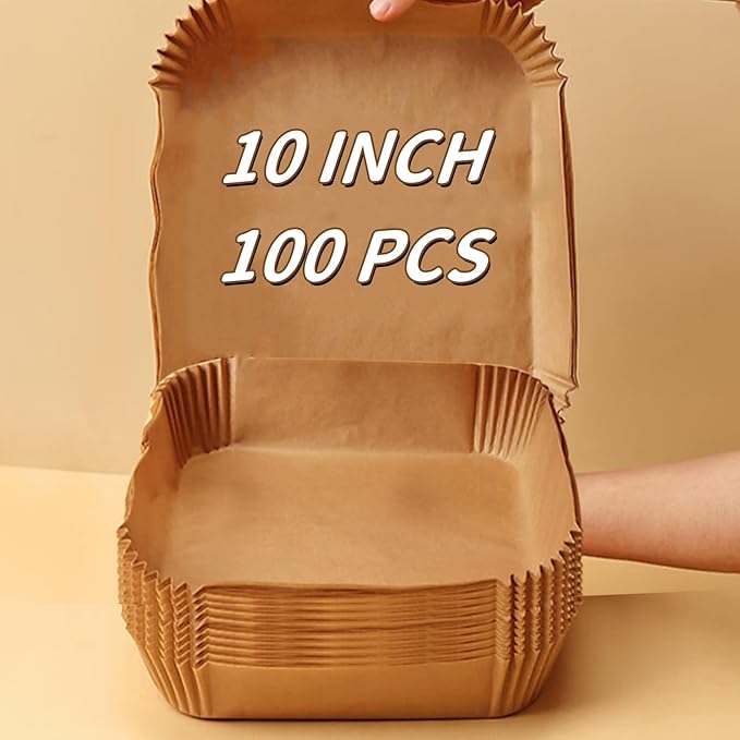 10 Inch Air Fryer Liners Disposable, 100PCS Air Fryer Paper Liners, Oil-Proof & High-Temperature Resistant Parchment Baking Paper for Air Fryer, Microwave and Oven（Bottom Is 9 Inch）