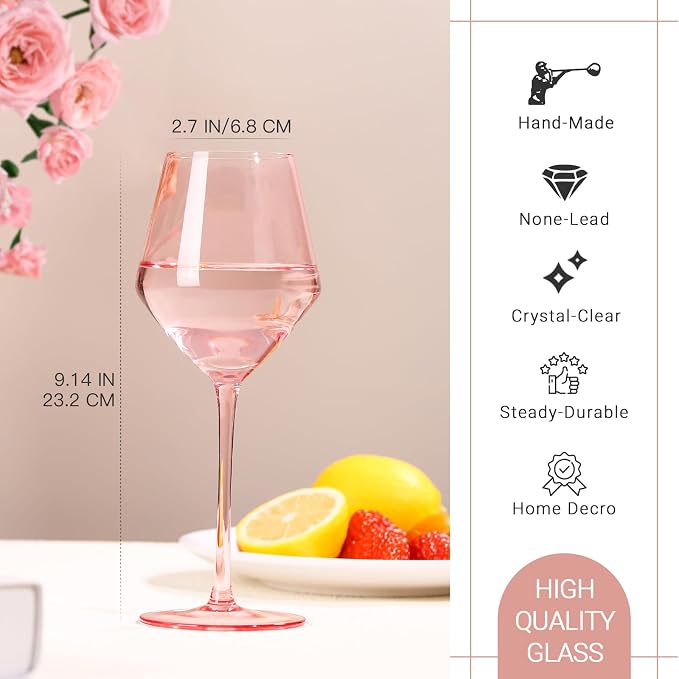 Elegant Pink Wine Glasses Set of 6 – Hand Blown Tulip Shape Long Stem Glassware – 15oz Pink Wine Glasses for Women, Wedding, Party, Bridesmaid Gift, Fancy Champagne or Rosé Goblets