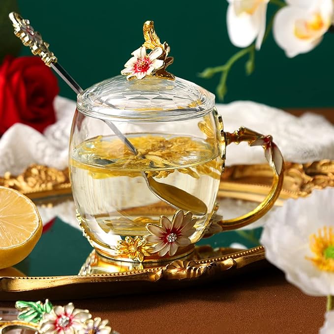 Glass Coffee Mug Christmas Gift Sunflower Daisy Tea Cup with Lid Saucer Mother's Day Birthday Gift for Women Unique(12oz Daisy)