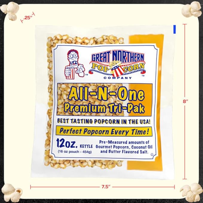 12oz Popcorn Machine Popcorn Packets - All-in-One Movie Theater Style Popcorn Kernels, Salt, and Oil Packs by Great Northern Popcorn (24 Case)