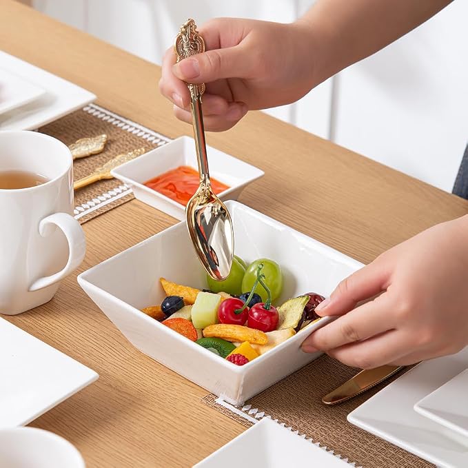 Porlien 16-Piece Classic Square Dinnerware Set for 4-Square Dinner Plates, Dessert Plates, Bowls & Dipping Saucers, Off White Dishes for 4