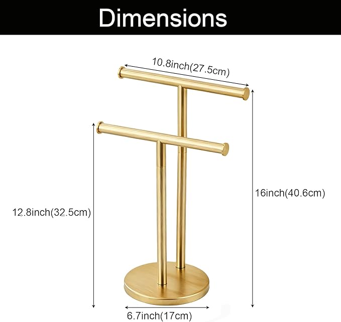 Hand Towel Holder, NEWRAIN Double Countertop Hand Towel Holder Stand, Stainless Steel Free Standing Hand Towel Rack with Heavy Base, for Bathroom Kitchen & Counter top, Brushed Gold