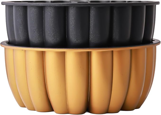 Heart Shape Aluminum Cake Pan, Titanium Coating, Non-Stick, 12 Cups, Gifts for Mom, 10 Inch Baking Mold, Cast Aluminum Fluted Tube Pan, Easy to Clean (2-Pack, Black-Gold)