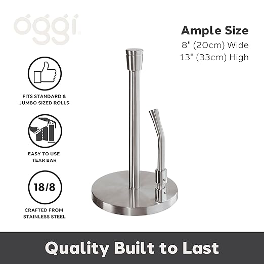 OGGI Stainless Steel Paper Towel Holder - with Tension Arm and Tear Bar, 13" Height - Stainless Steel Construction