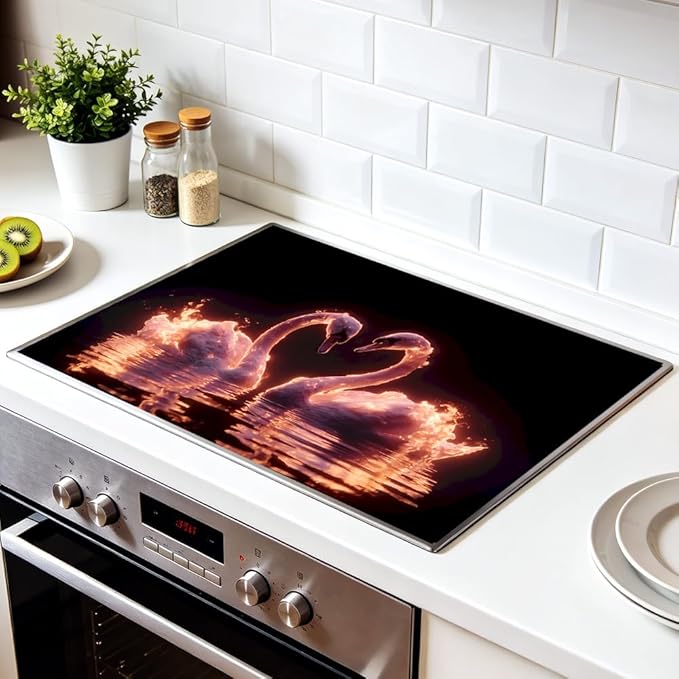 Stove Top Cover for Electric Stove 28.35 x 20.47 Inch Non Slip Stove Mat Glowing Swan Couple Glass Cooktop Protector Kitchen Counter Mat