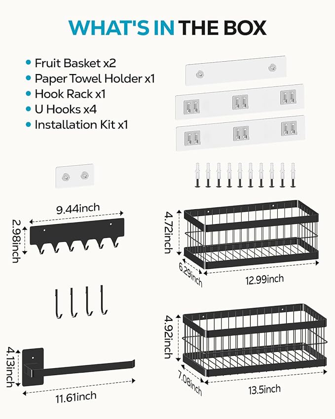 Nieifi Hanging Fruit Basket 4 Pack, Wall Mounted or Adhesive Kitchen Storage Baskets with Hooks Rack & Paper Towel Holder for Pantry, Fruit & Vegetable Storage