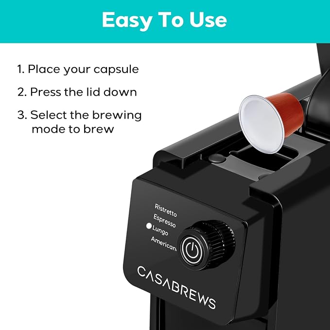 CASABREWS CM7036E 20Bar Espresso Machine for Nespresso Original Pods | Compact Capsule Coffee Machine with 21oz Removable Water Tank, Black Espresso Maker with 4 Brewing Modes for Home or Office