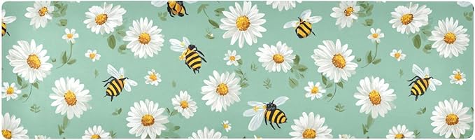 2 in 1 Table Runner Trivet for Hot Pots and Pans Heat Resistant Non Slip Waterproof 39 x 12 Inch Decorative Table Protector for Kitchen Countertop Mint Green Daisy Flowers and Bees