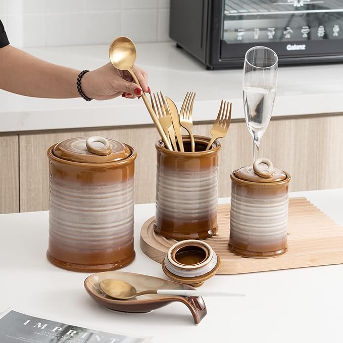 Nihow Food Storage Jar,Ceramic Canister Sets for The Kitchen,Set of 3,Brown | Air Tight Lid,Seal Damp-proof,For Flour/Sugar/Rice/Coffee/Cookies/Candy,Kitchen Counter Canister/Dishwasher Safe
