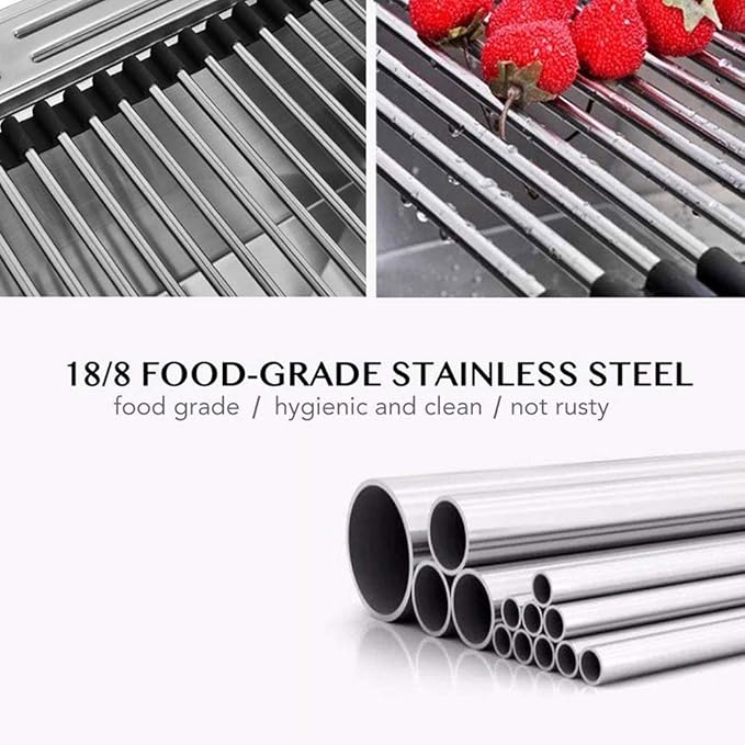 Foldable Roll Up Dish Drying Rack Drain Board Colander Mat and Dry Dishes Over The Sink Multipurpose Silicone Stainless Steel Dishes Drainer - 2pcs