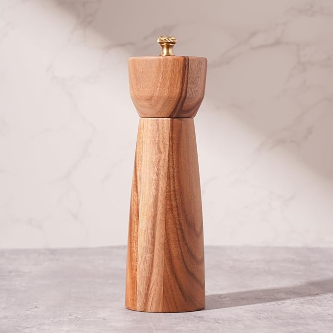 Pepper Grinder, Pepper Mill with Adjustable Stainless Steel, Acacia Wood, 20.5 cm/8 inch Height, Bottom Dia: 6 cm/2.36 inch (Tray is NOT Included)