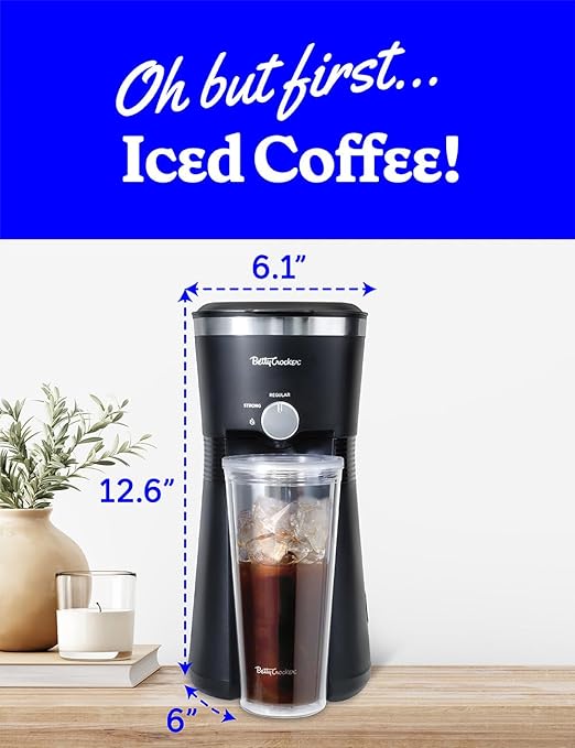 Betty Crocker Coffee Maker for Iced & Hot Brew, Brews in 4 Minutes, Compact Iced Coffee Machine with Chrome Accents, Reusable Filter, BPA-Free 20-Oz Tumbler & Straw, BC-4869B, Black