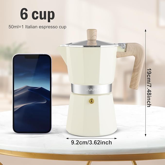 Sivaphe Aluminum Moka Pot 6 Espresso Cups, Percolator Espresso and Coffee Maker, Portable Stovetop Italian and Cuban Café Brewer for Home and Camping White