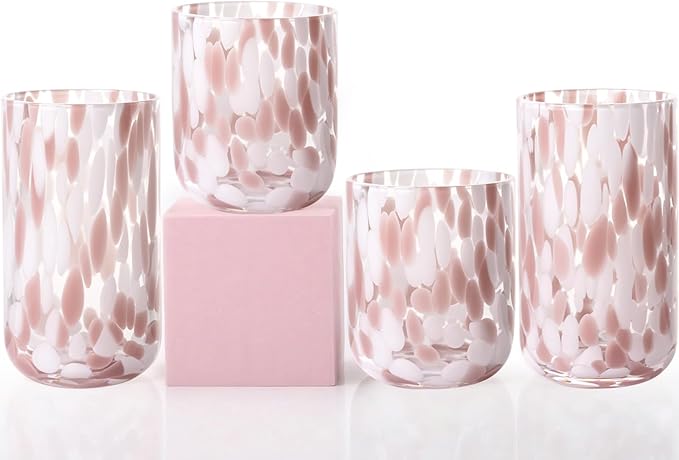 Pink Tortoise Shell Drinking Glasses Set of 4, Pink Drinking Glasses,10oz 15oz Mix Glass Cups Tortoise Shell Tumbler Cups for Wine & Drinks, Mothers Day Gifts,Gifts for My Wife (4, Mixed)