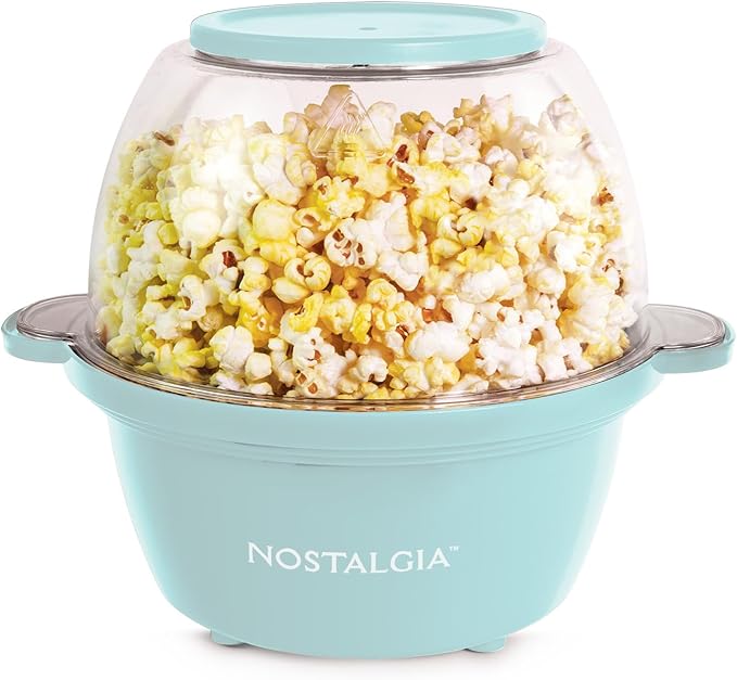 Nostalgia Electric Stirring Popcorn Maker – 2 Qt Capacity – Large Dual-Purpose Lid & Serving Bowl – Great for Gifts, Movie Nights, & Snacks – Aqua