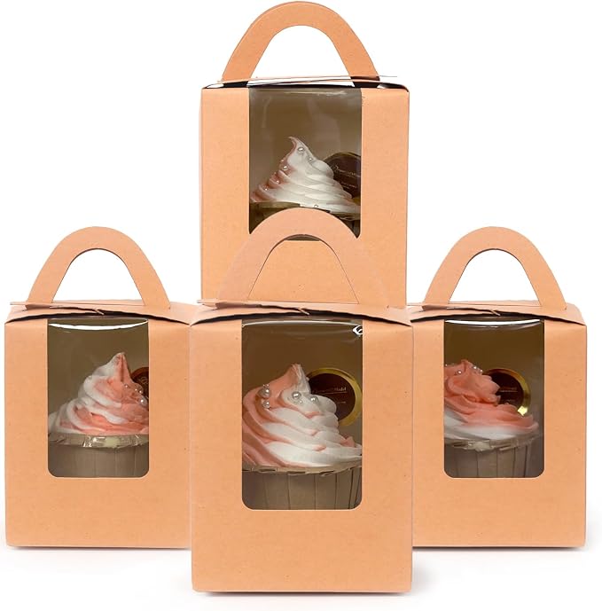 qiqee 100pcs Cupcake Containers Individual Brown Cupcake Holders Disposable Kraft Single Cupcake Boxes with Window 3.7" 3.7"*4.5" Cupcake Boxes