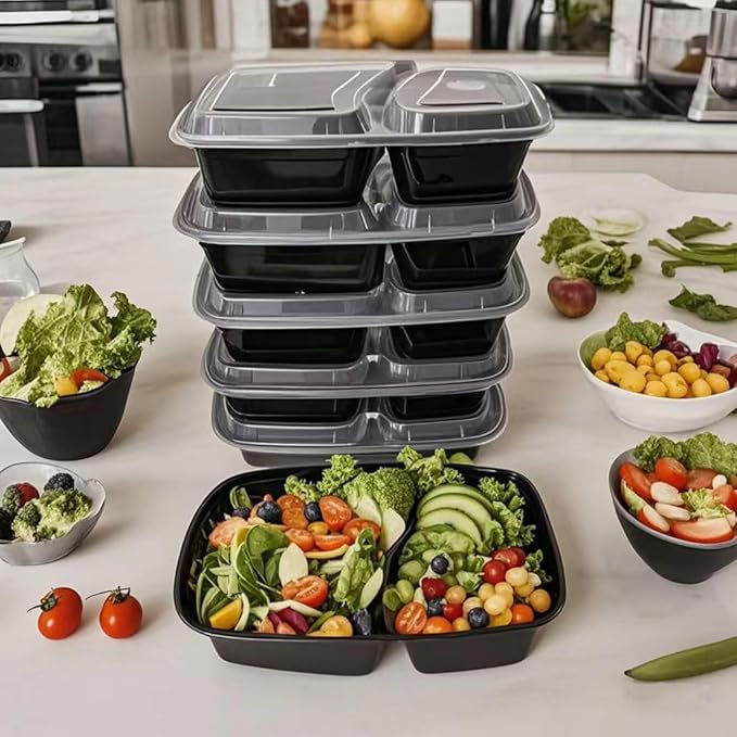 100pc 28 Oz 2-Grid Meal Prep Containers Disposable, Plastic to go food containers With Lid, Take Out food Containers Disposable, Reusable Food Storage Containers,Microwave Freezer Dishwasher Safe