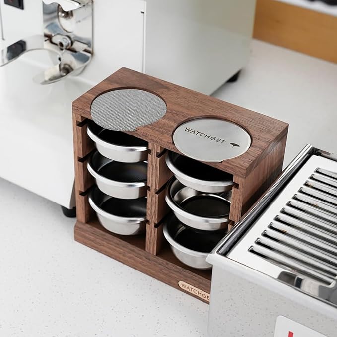 watchget Horizontal Espresso Portafilter Filter Basket Holder Rack - Wooden Precision Basket Storage Stand for 58mm Espresso Machines and 58mm Coffee Puck Screens
