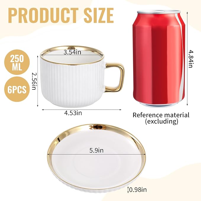 8.5oz Cappuccino Cups with Saucers Set of 6, Ceramic Coffee Cup and Saucer with Gold Rim, Vertical Ribbed Latte Mugs, White Porcelain Tea Cup Set for Wedding, Cafe, Party & Daily Use