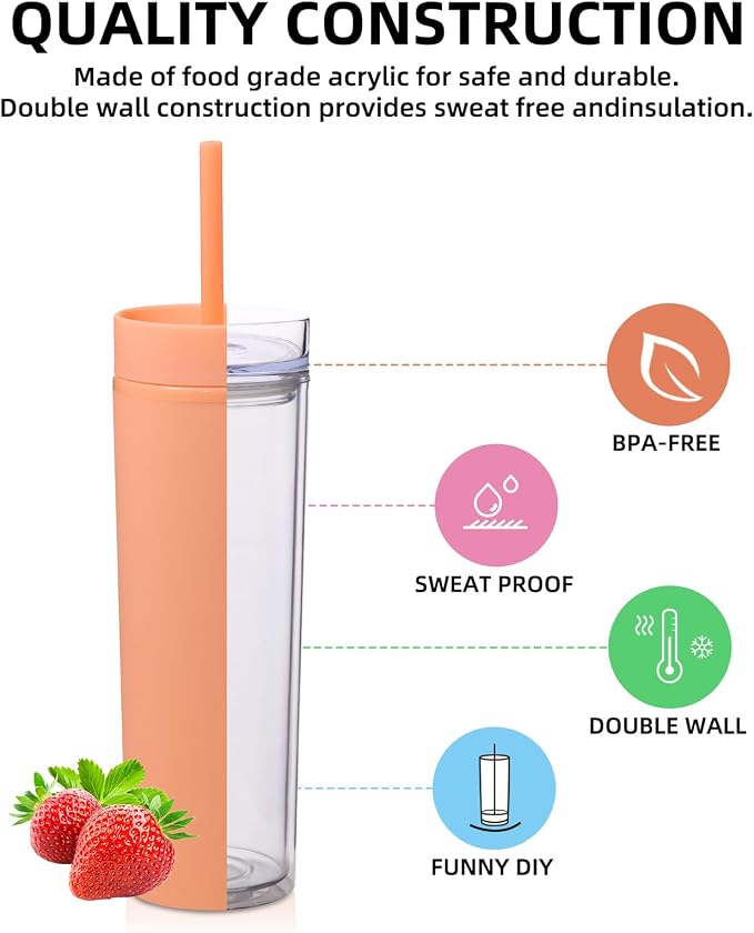 Volhoply 16oz Plastic Skinny Tumbler With Lid and Straw Bulk 4 Pack,Insulated Double Wall BPA Free Matte Acrylic Tumblers,Iced Coffee Travel Mug Reusable Party Cup,Customizable Diy Gifts(Orange,4 Set)