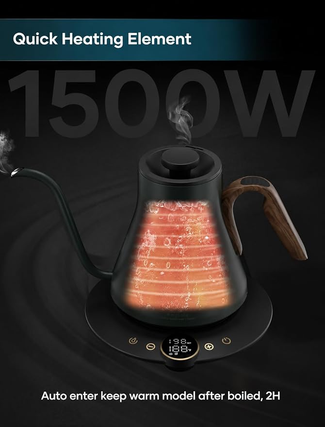 INTASTING Gooseneck Electric Kettle with ±1℉ Temperature Control for Pour Over Coffee & Tea, Quick Heating, BPA-Free Stainless Steel, Built-in Brew Timer, 1500W/0.9L (Forest Green)