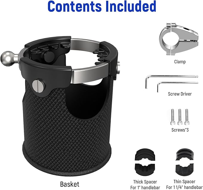 LEXIN LX-C3 Motorcycle Cup Holder with 360°swivel ball-Mount, Large Boat Drink Holder with Basket, Metal Handlebar Mount for Motorcycle Passenger/ATV/Scotter/Harley, Fits Handlebar 7/8'' to 1 1/4''