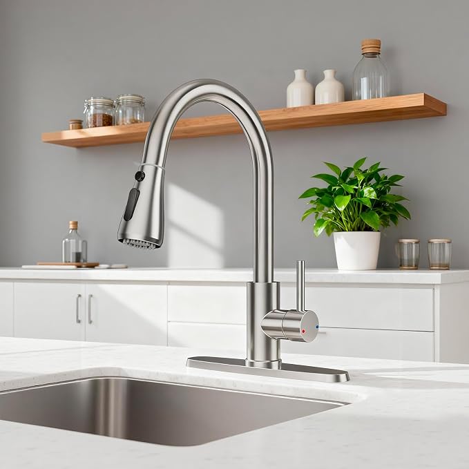 FEELSO Kitchen Faucets with Pull Down Sprayer, High Arc Stainless Steel Single Handle Kitchen Sink Faucet, 1 or 3 Hole Brushed Nickel Water Faucets for Farmhouse Laundry Camper Rv Bar