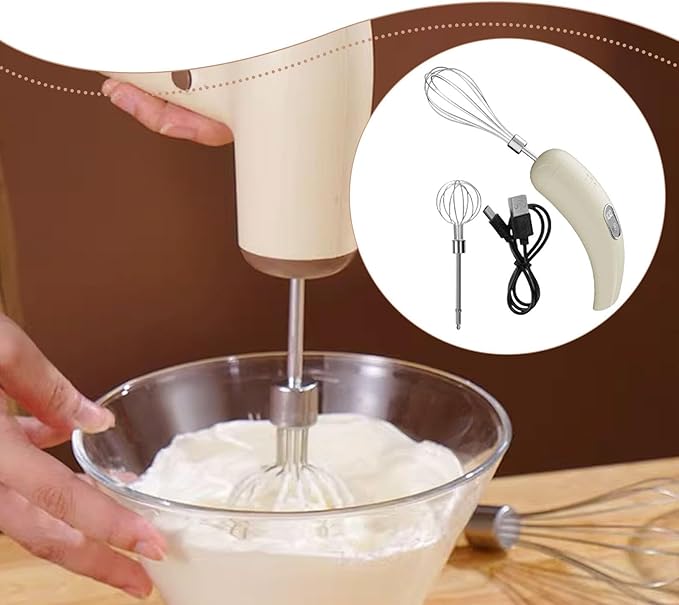 Electric Egg Beater Handheld Milk Frother Cordless Cream Mixer Adjustable 5 Speeds Stainless Steel USB Whisk Suitable for Kitchen, Beige