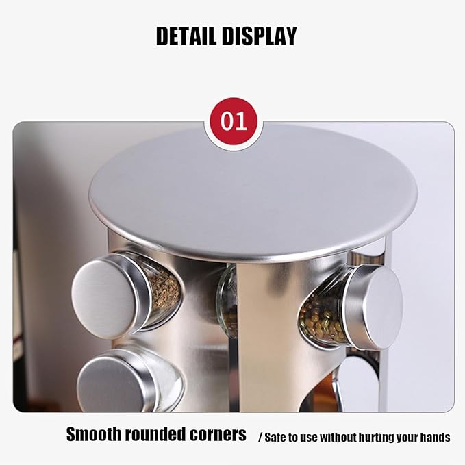 Spice Rack, Spice Rack Organizers for Countertop, Rotating Countertop Spice Rack, Revolving Spice Rack for Kitchen, Kitchen Gadgets, Organizer Rack with Spice Jars (Silver, RoundHead_12Jars)