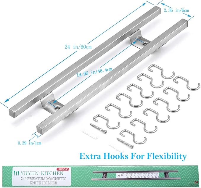 YIIYIIN 24-Inch Magnetic Knife Holder for Wall – 304 Stainless Steel Knife Strip with 12 Hooks – Magnetic Knife & Utensil Rack